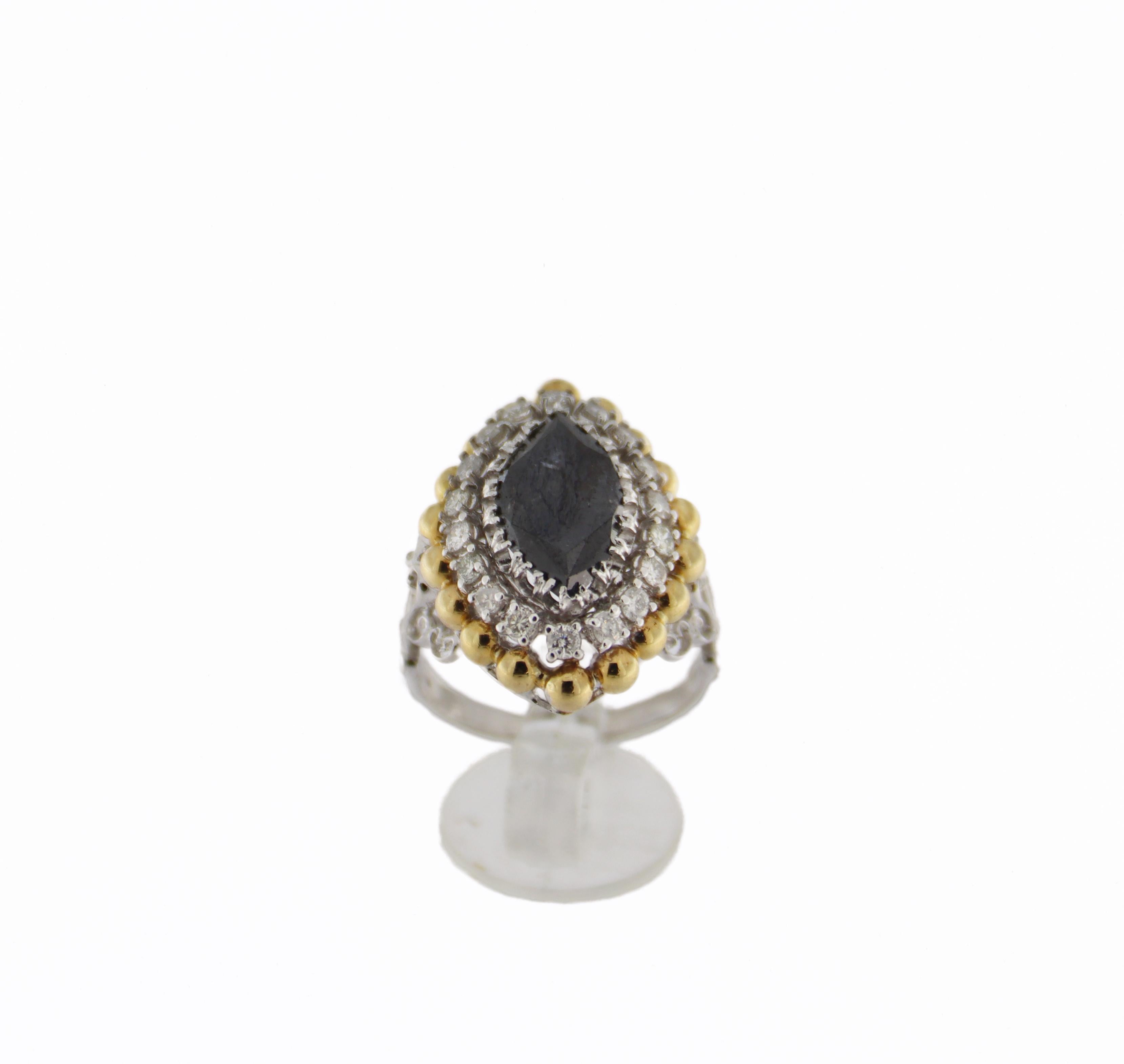 Handcraft Black Diamond 18 Karat White and Yellow Gold Diamonds Cocktail Ring For Sale 9