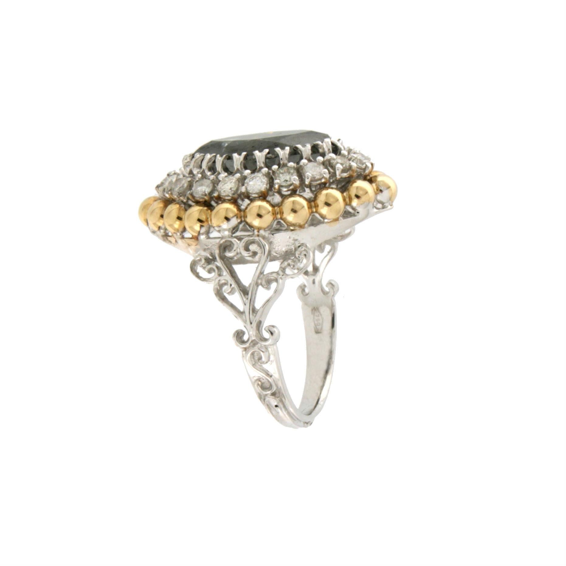 Brilliant Cut Handcraft Black Diamond 18 Karat White and Yellow Gold Diamonds Cocktail Ring For Sale