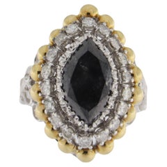 Anillo de cóctel artesanal de diamantes negros en oro blanco y amarillo de 18 quilates