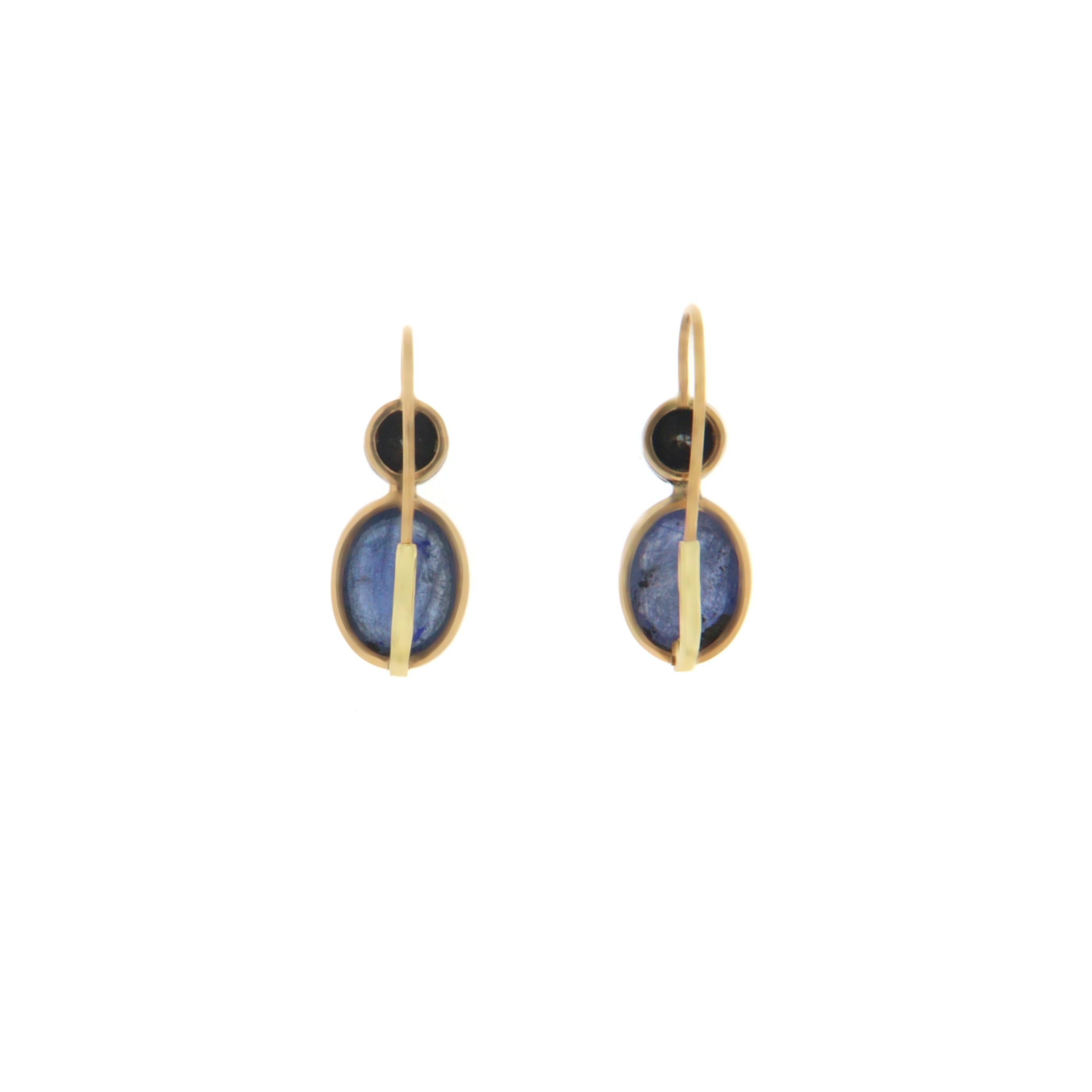 Brilliant Cut Black Diamonds Sapphires 14 Karat Yellow Gold Drop Earrings For Sale