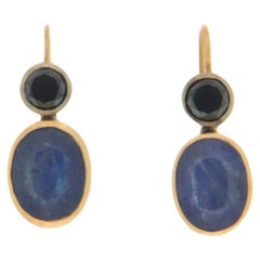 Black Diamonds Sapphires 14 Karat Yellow Gold Drop Earrings