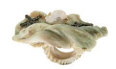 Handcraft Bone 18 Karat Yellow Gold and Silver Diamonds and Pearl Cocktail Ring