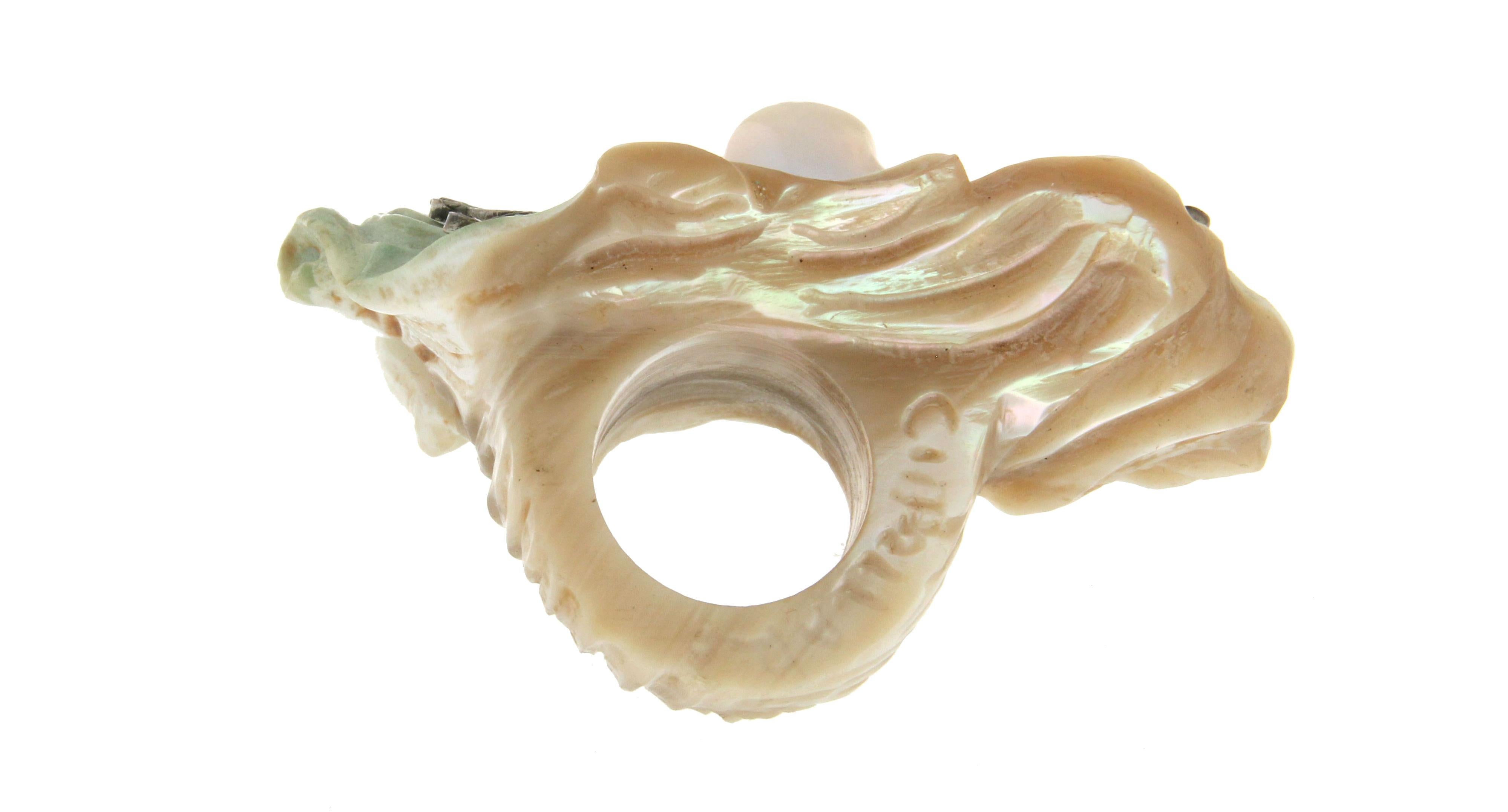 Handcraft Bone 18 Karat Yellow Gold and Silver Diamonds and Pearl Cocktail Ring For Sale 1