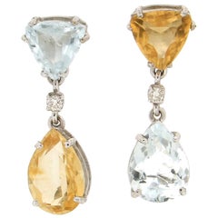 Handcraft Brazilian Aquamarine 18 Karat White Gold Diamond Citrine Drop Earrings