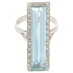 Bague de cocktail en or blanc 18 carats avec diamants et aigue-marine brésilienne Handcraft