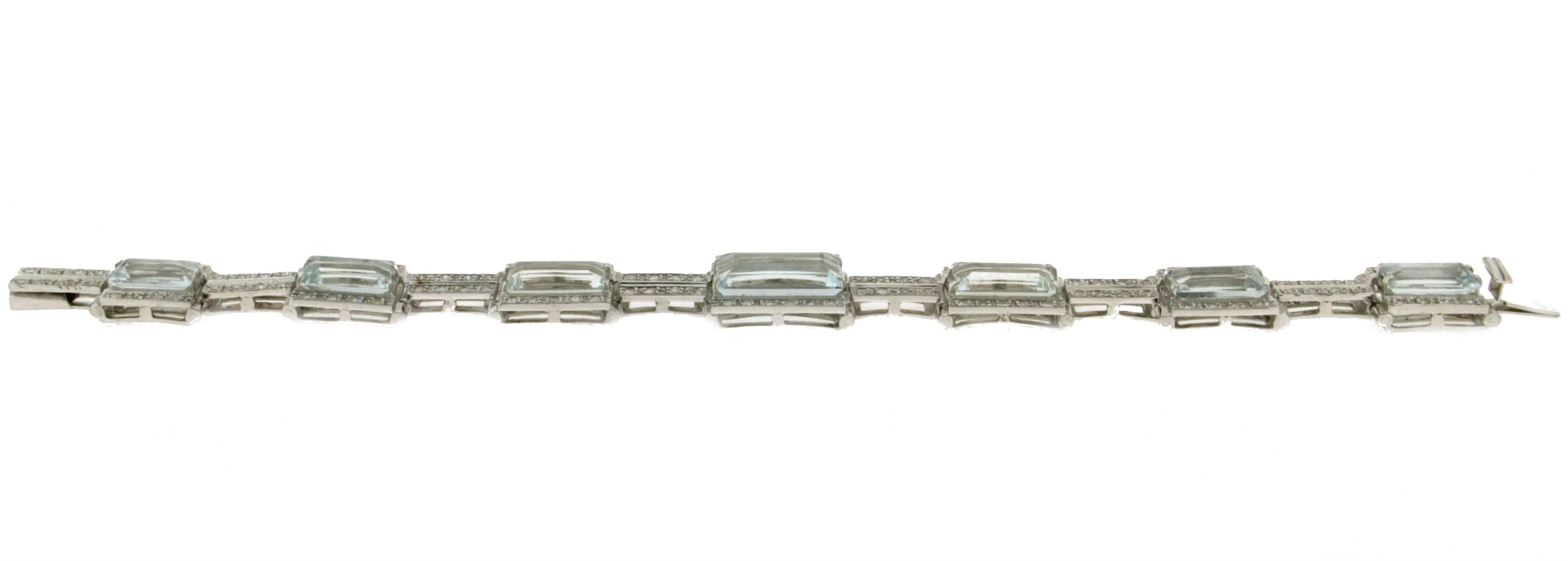Bracelet manchette artisanal en or blanc 18 carats avec aigue-marine du Brésil et diamants en vente 2