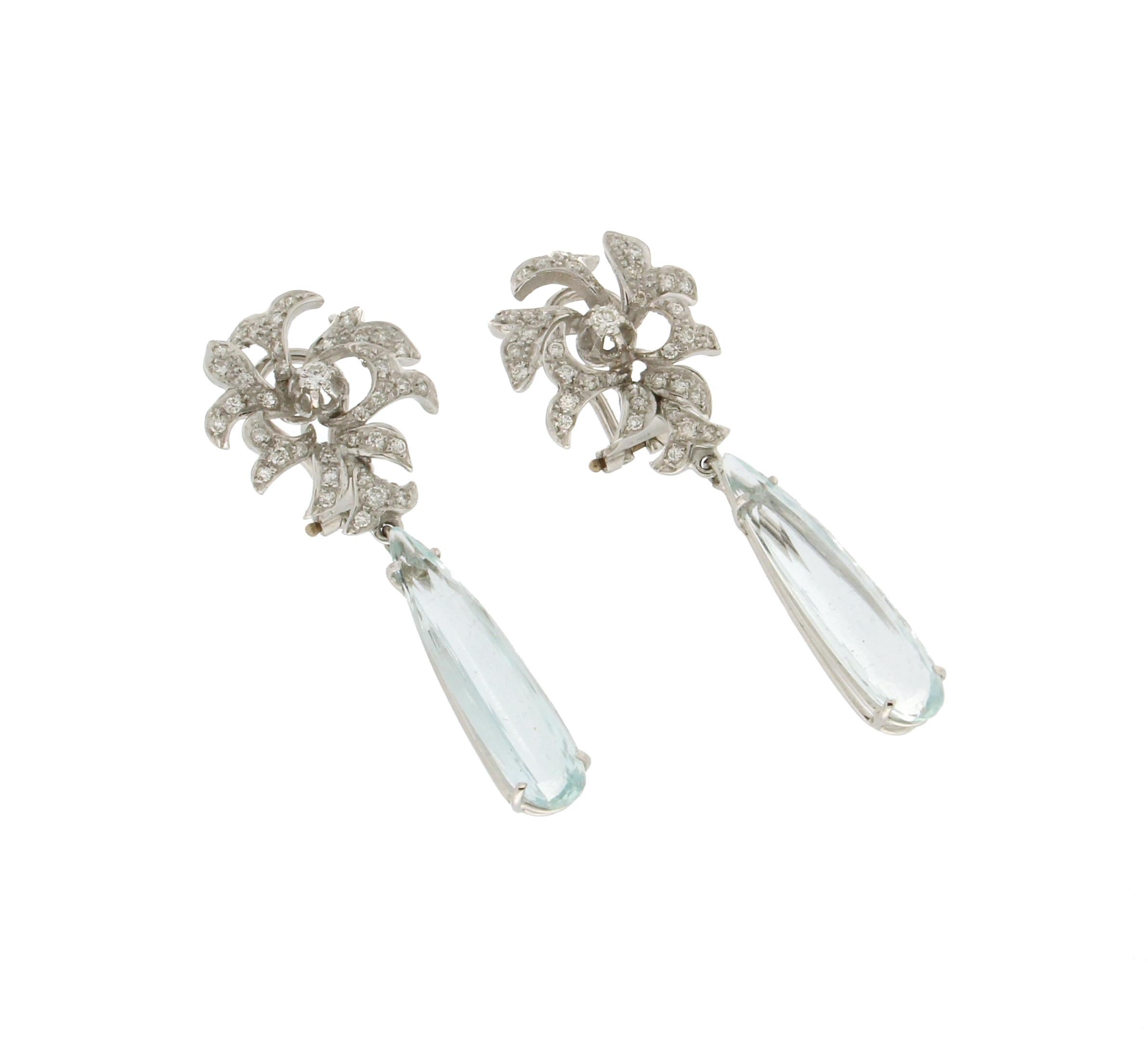 Artisan Handcraft Brazilian Aquamarine 18 Karat White Gold Diamonds Drop Earrings For Sale