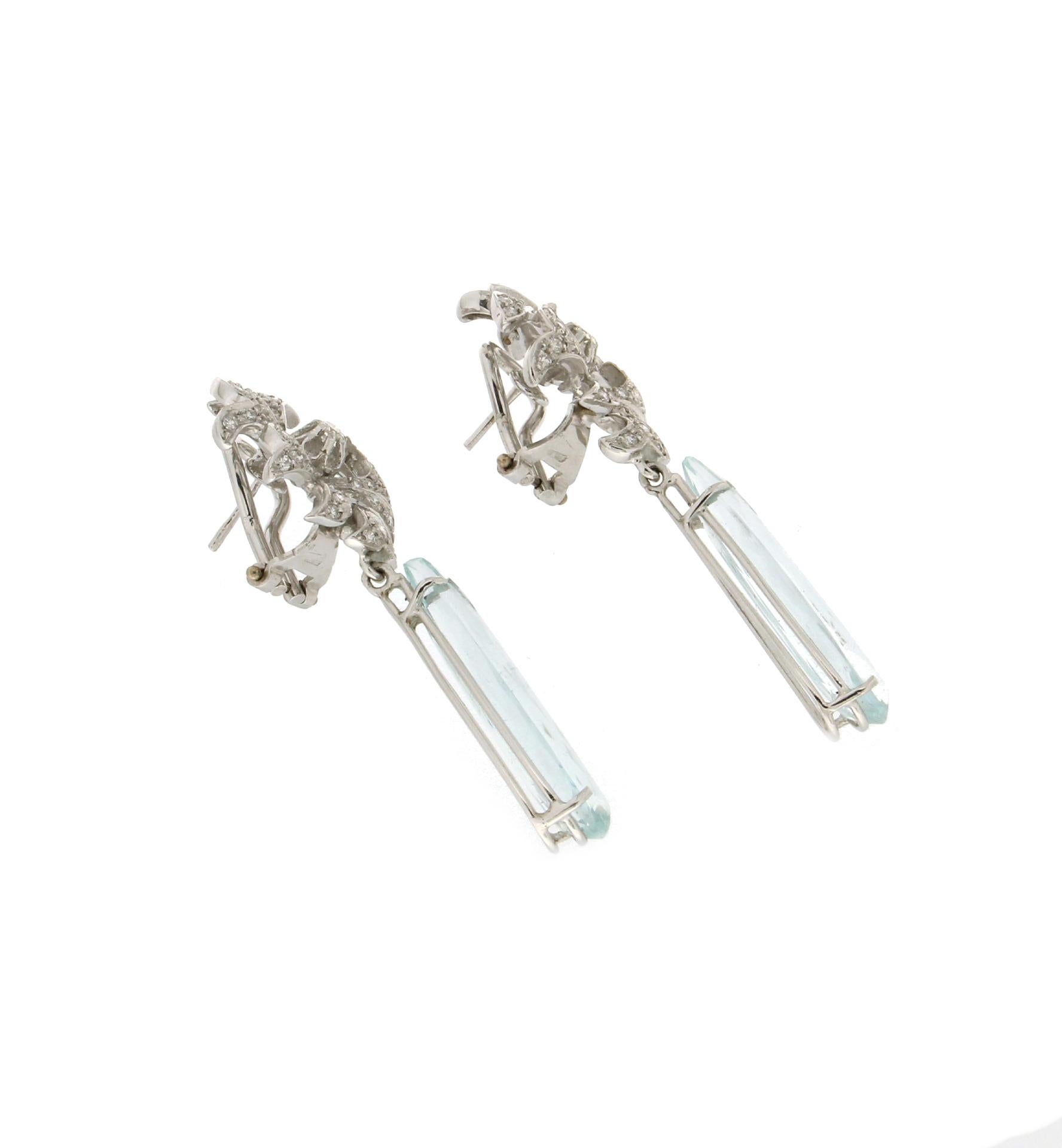 Brilliant Cut Handcraft Brazilian Aquamarine 18 Karat White Gold Diamonds Drop Earrings For Sale