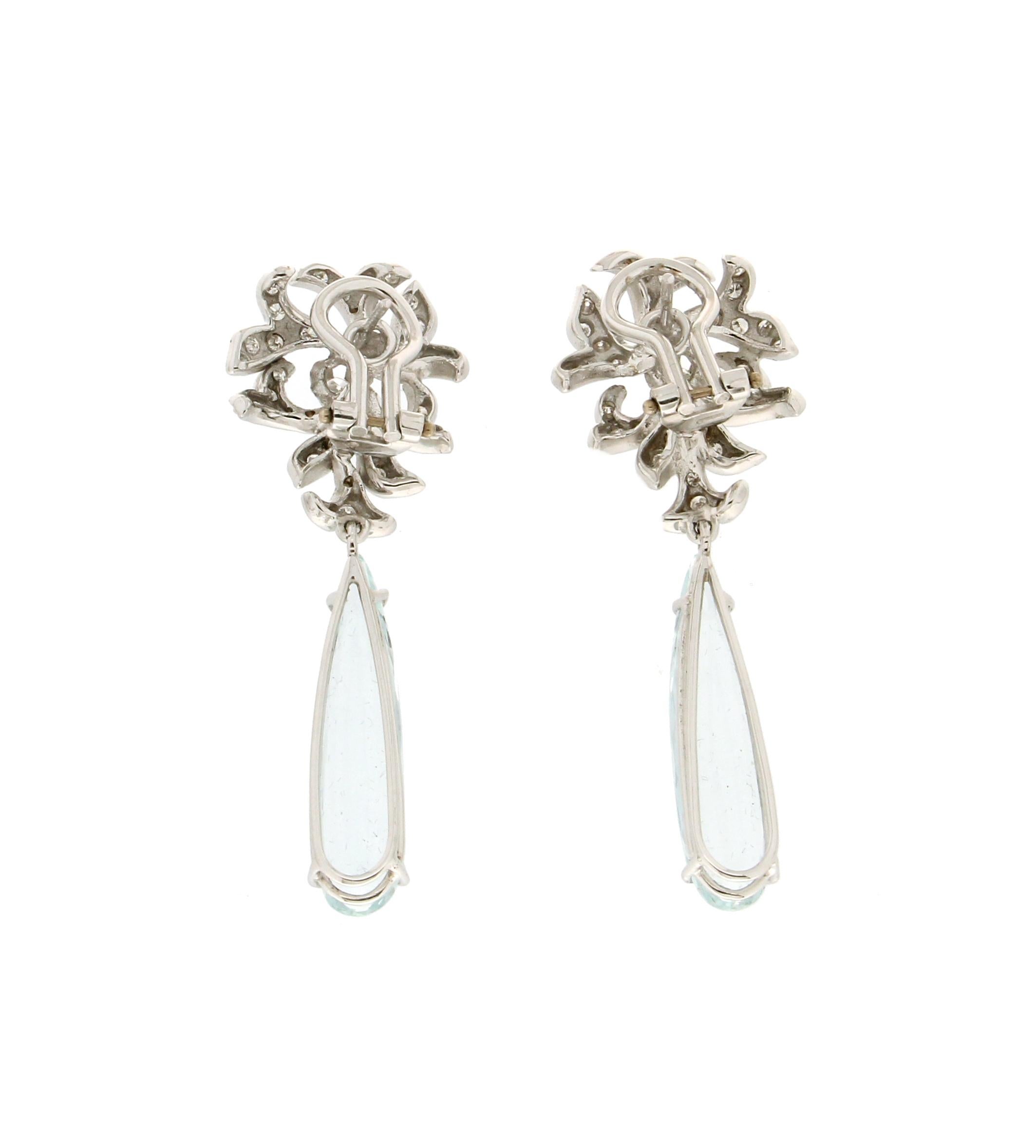 Handcraft Brazilian Aquamarine 18 Karat White Gold Diamonds Drop Earrings In New Condition For Sale In Marcianise, IT