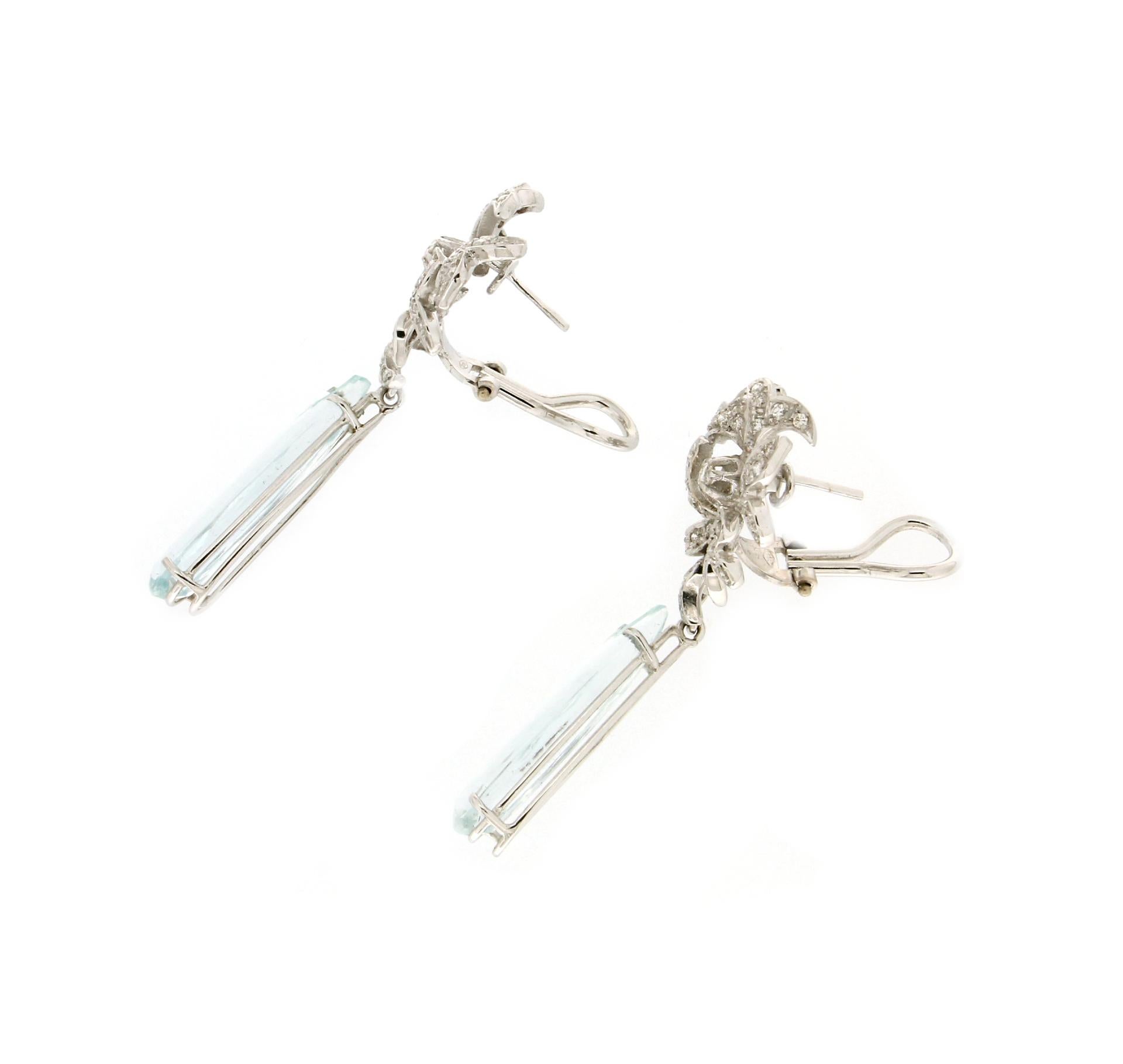 Women's or Men's Handcraft Brazilian Aquamarine 18 Karat White Gold Diamonds Drop Earrings For Sale