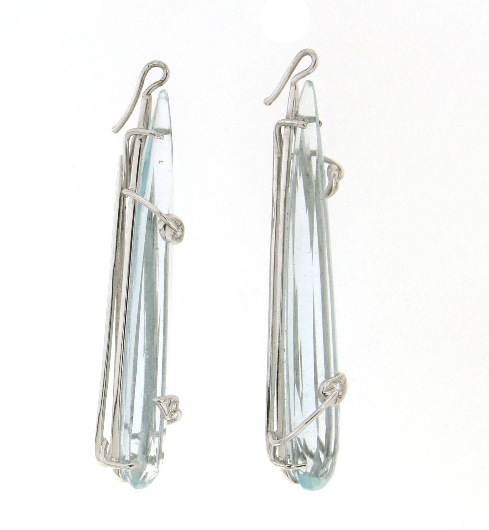 Women's or Men's Handcraft Brazilian Aquamarine 18 Karat White Gold Diamonds Drop Earrings