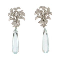 Boucles d'oreilles en goutte artisanales en or blanc 18 carats avec aigue-marine du Brésil et diamants