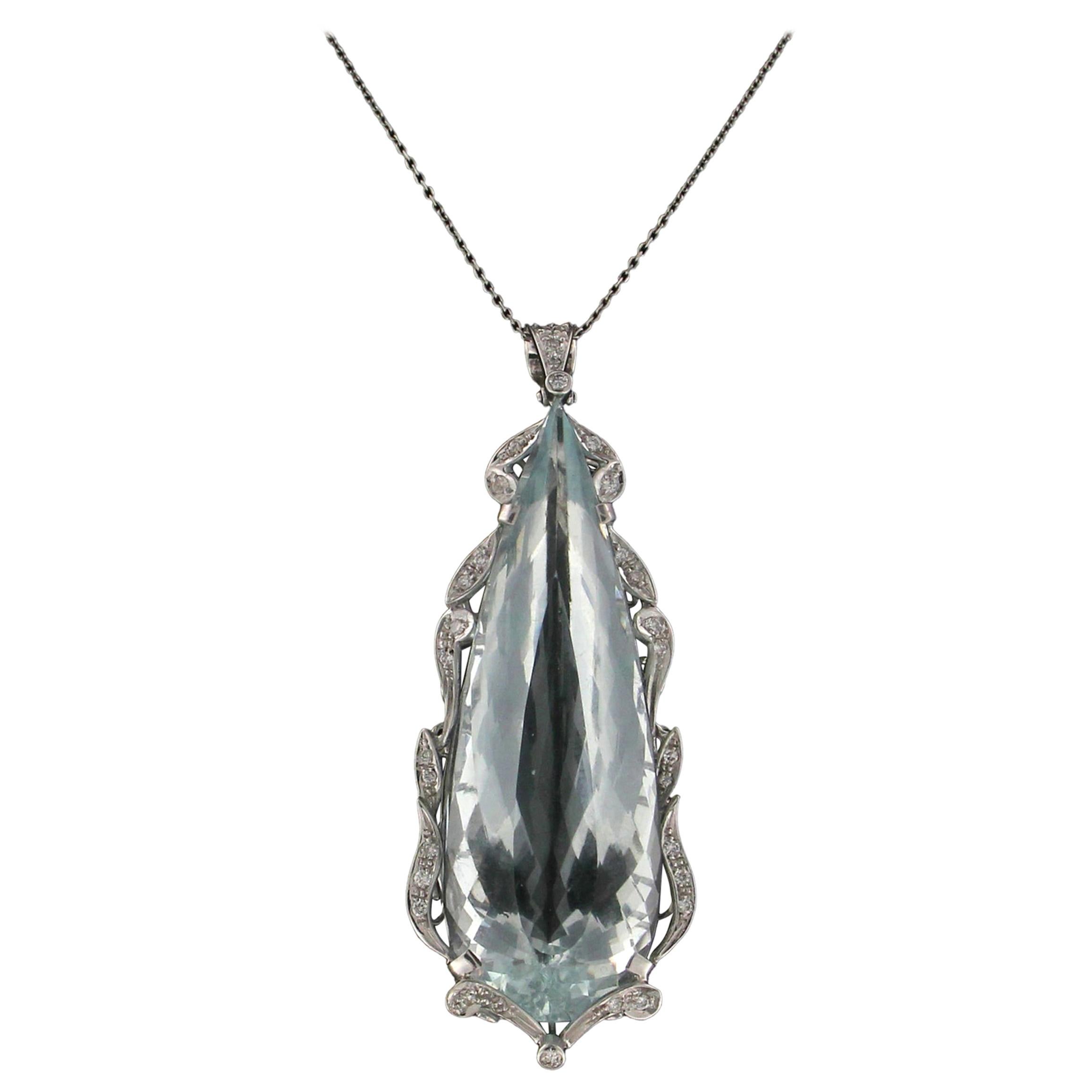 Handcraft Brazilian Aquamarine 18 Karat White Gold Diamonds Pendant Necklace