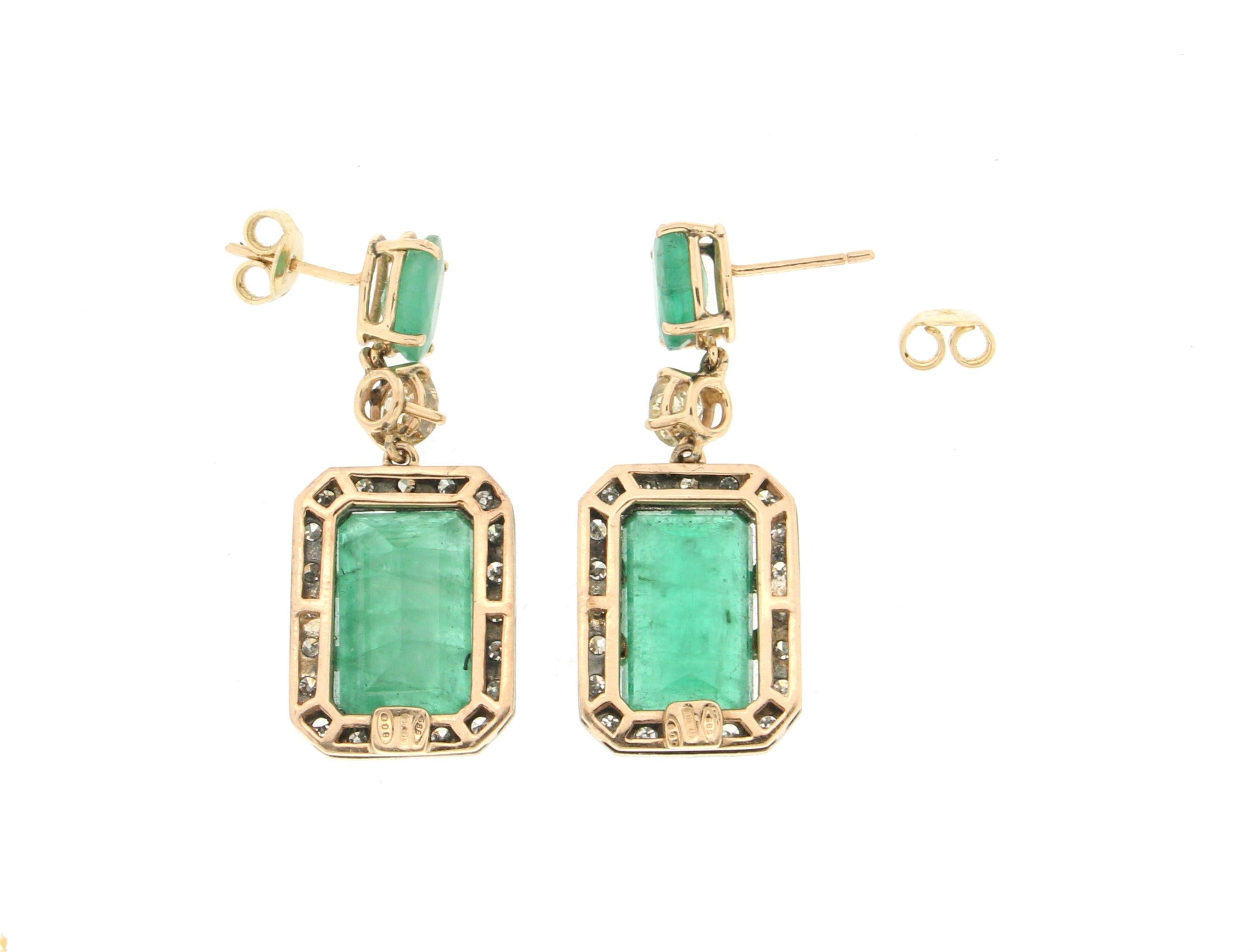 Artisan Handcraft Brazilian Emerald 14 Karat Yellow Gold Diamonds Drop Earrings For Sale