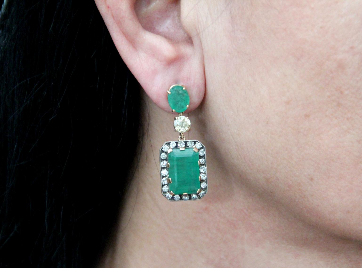Emerald Cut Handcraft Brazilian Emerald 14 Karat Yellow Gold Diamonds Drop Earrings For Sale