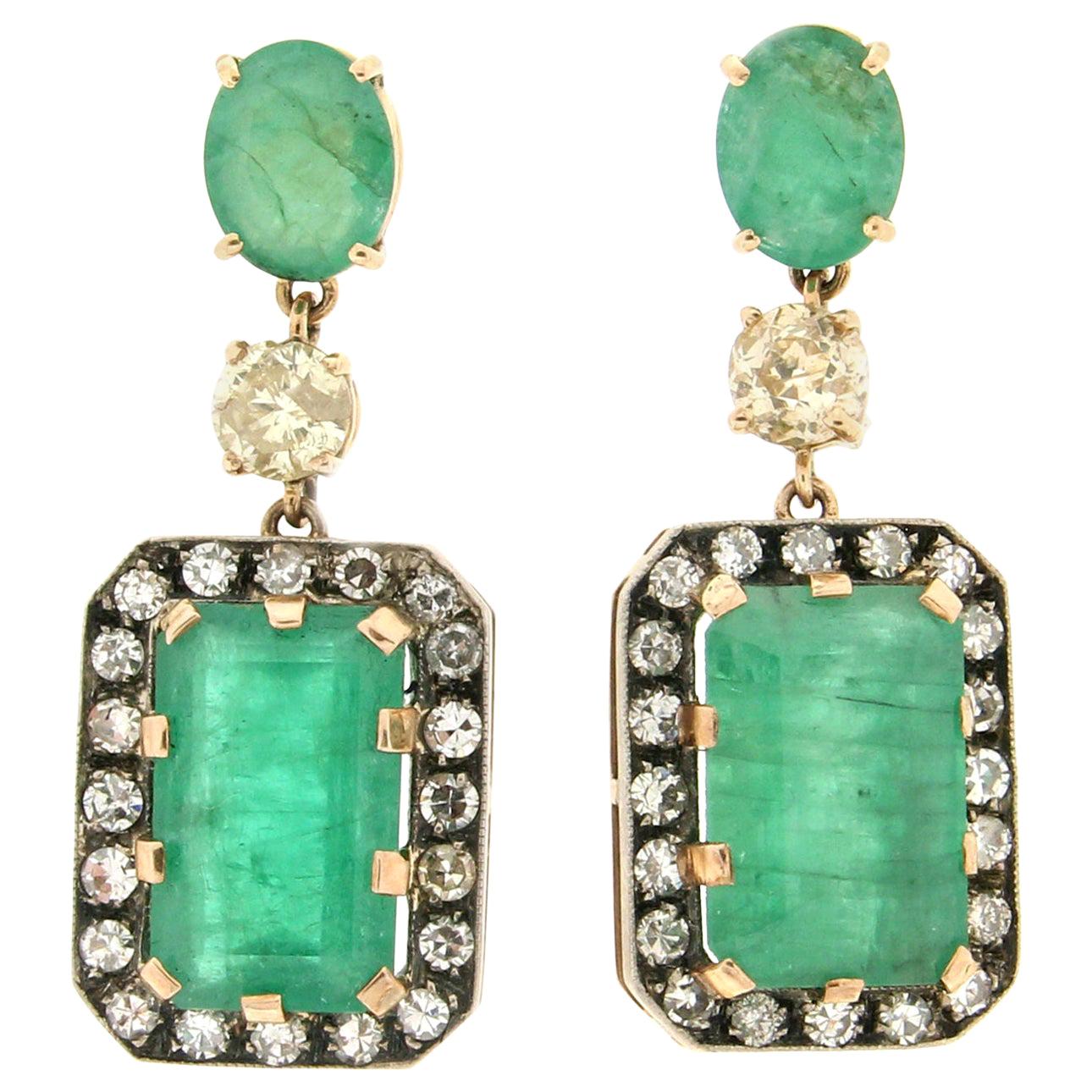 Handcraft Brazilian Emerald 14 Karat Yellow Gold Diamonds Drop Earrings