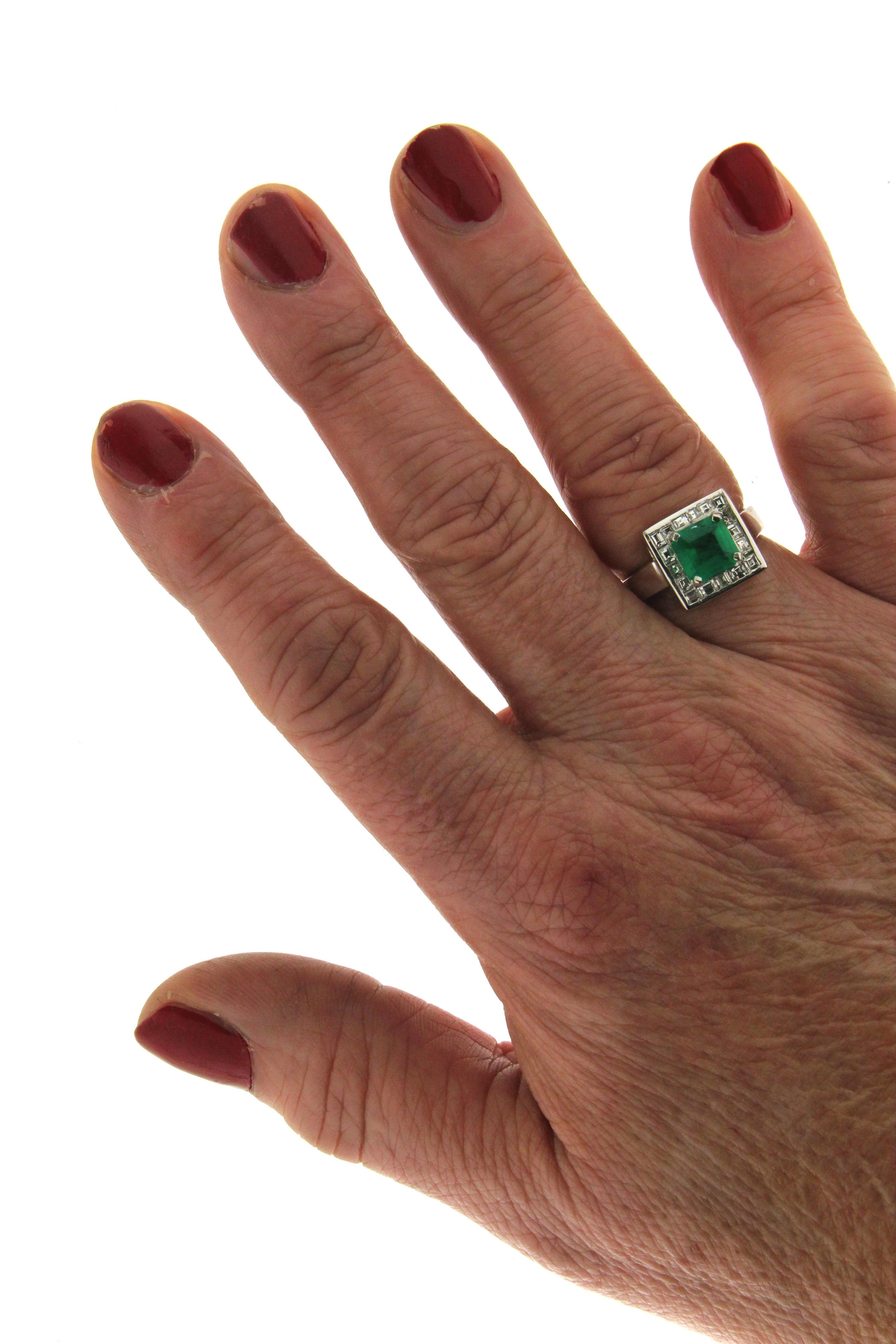 Emerald Cut Handcraft Brazilian Emerald 18 Karat White Gold Diamonds Cocktail Ring For Sale