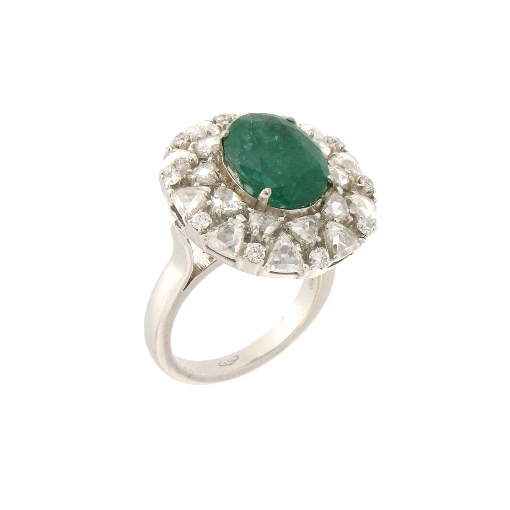 Mixed Cut Handcraft Brazilian Emerald 18 Karat White Gold Diamonds Cocktail Ring For Sale