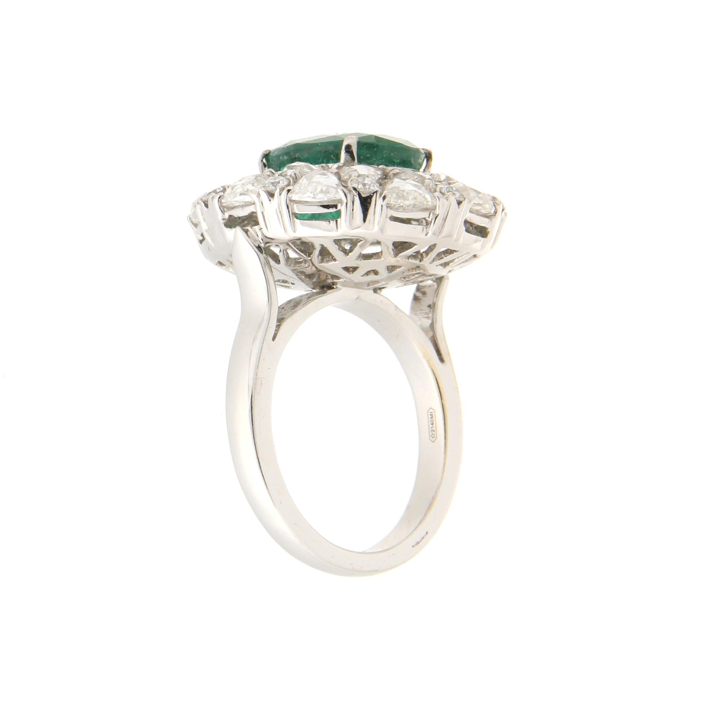 Women's or Men's Handcraft Brazilian Emerald 18 Karat White Gold Diamonds Cocktail Ring For Sale