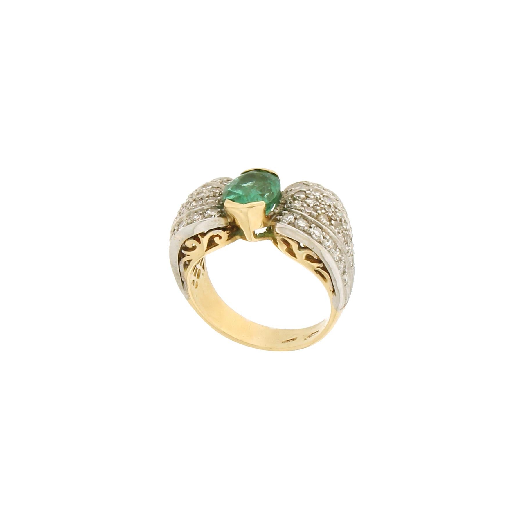 Artisan Handcraft Brazilian Emerald 18 Karat Yellow and White Gold Diamond Cocktail Ring For Sale