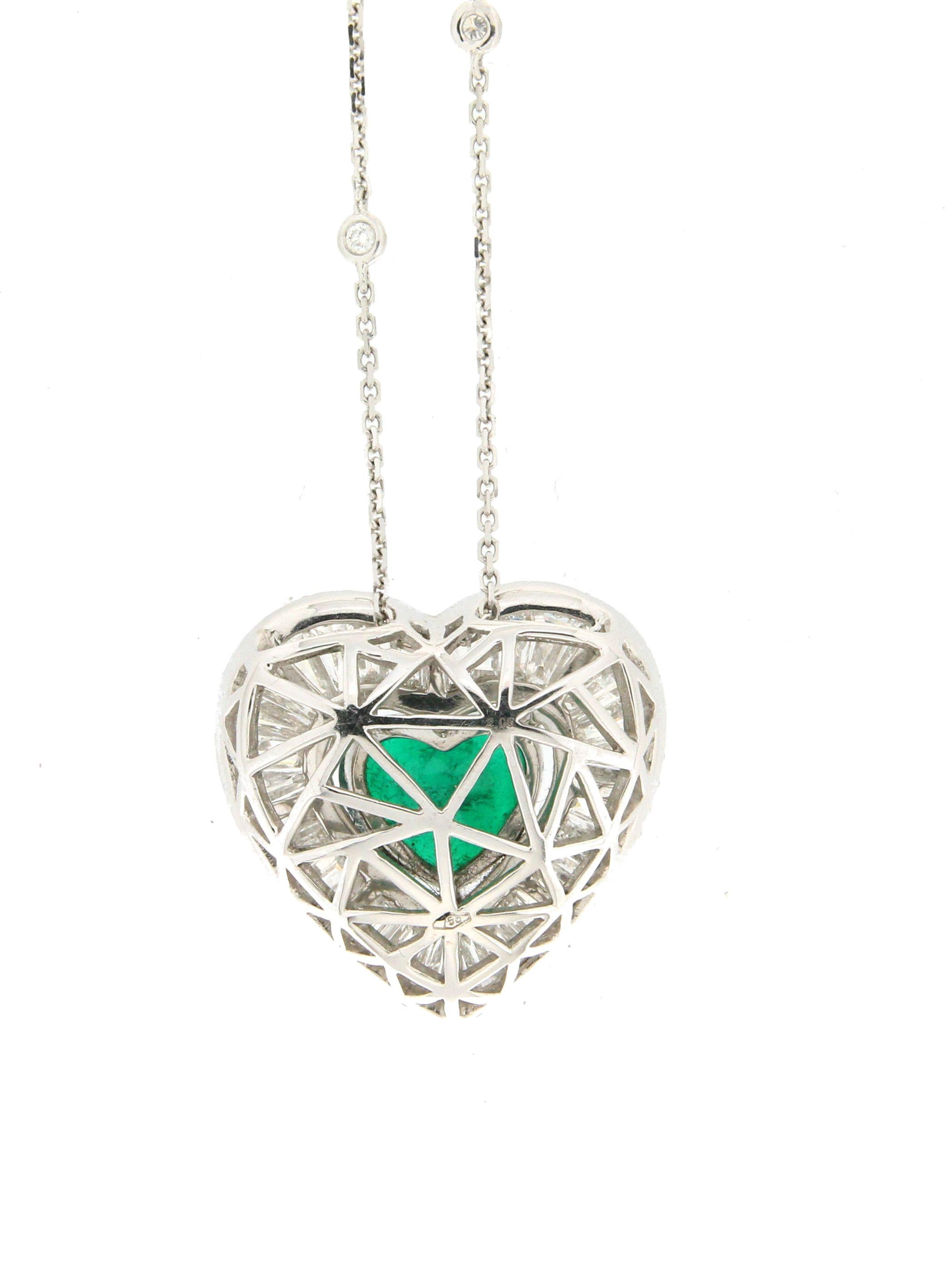 Baguette Cut Handcraft Brazilian Emerald Heart 18 Karat White Gold Diamonds Pendant Necklace For Sale