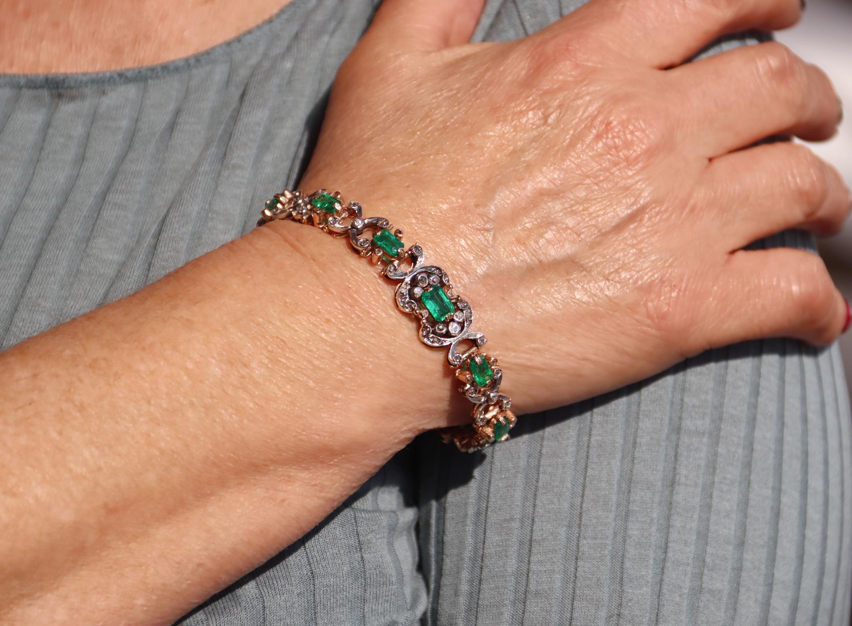 Handcraft Brazilian Emeralds 14 Karat Diamonds Cuff Bracelet  For Sale 4