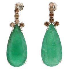 Handcraft Brazilian Emeralds 18 Karat White Gold Brown Diamonds Drop Earrings