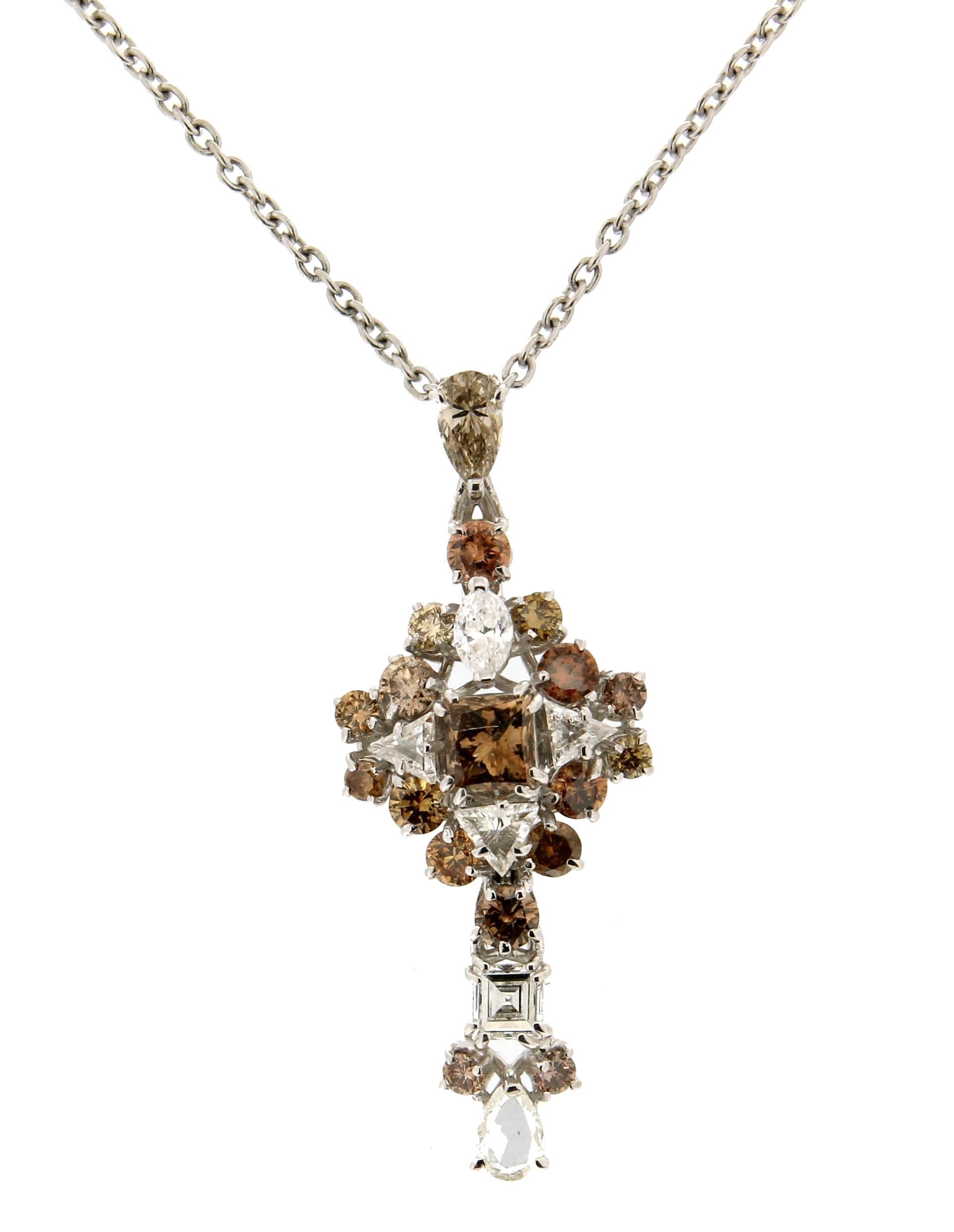 Artisan Handcraft Brown and White Diamonds 18 Karat White Gold Pendant Necklace For Sale