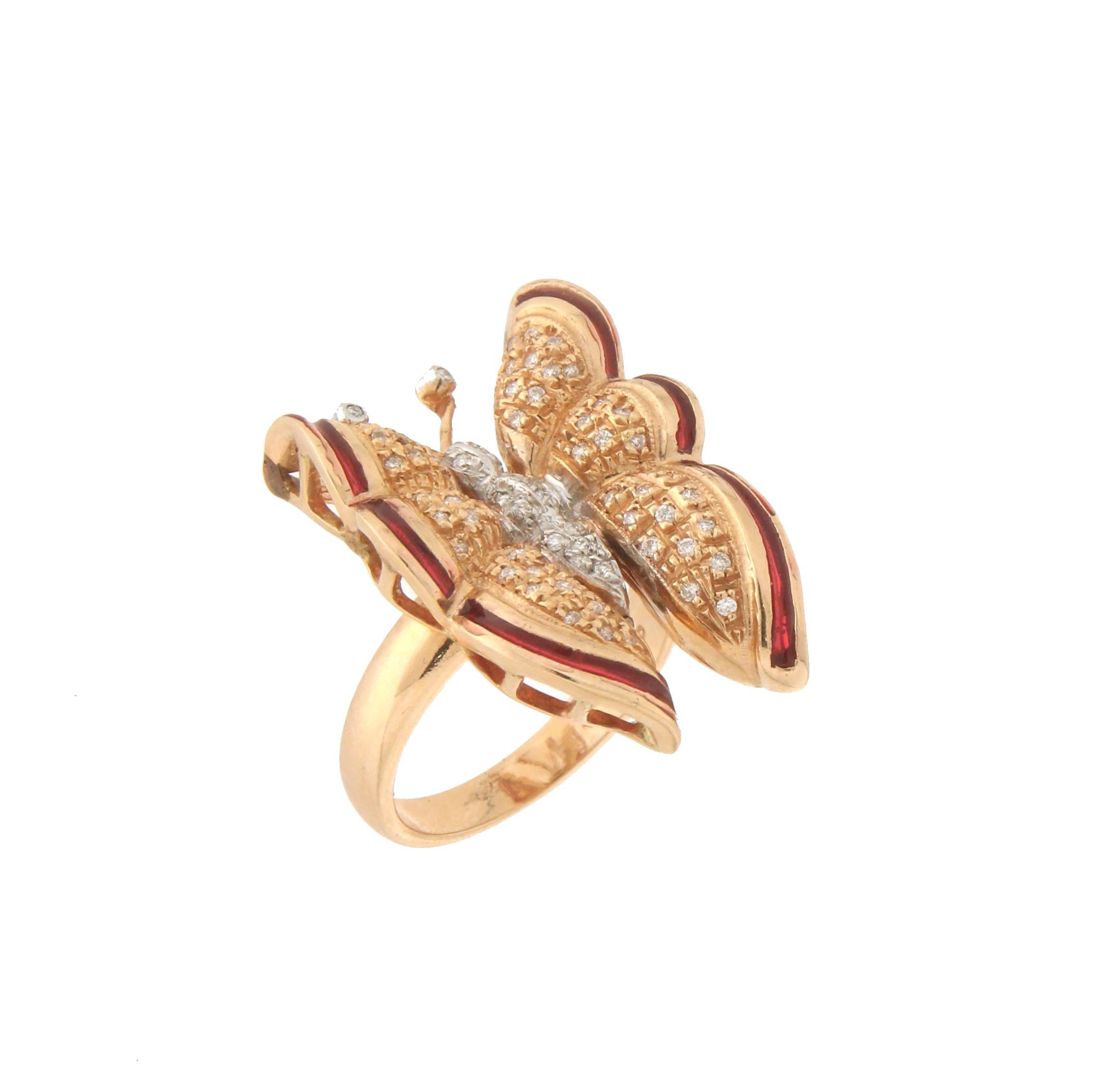 Artisan Handcraft Butterfly 14 Karat Yellow and White Gold Diamonds Cocktail Ring For Sale