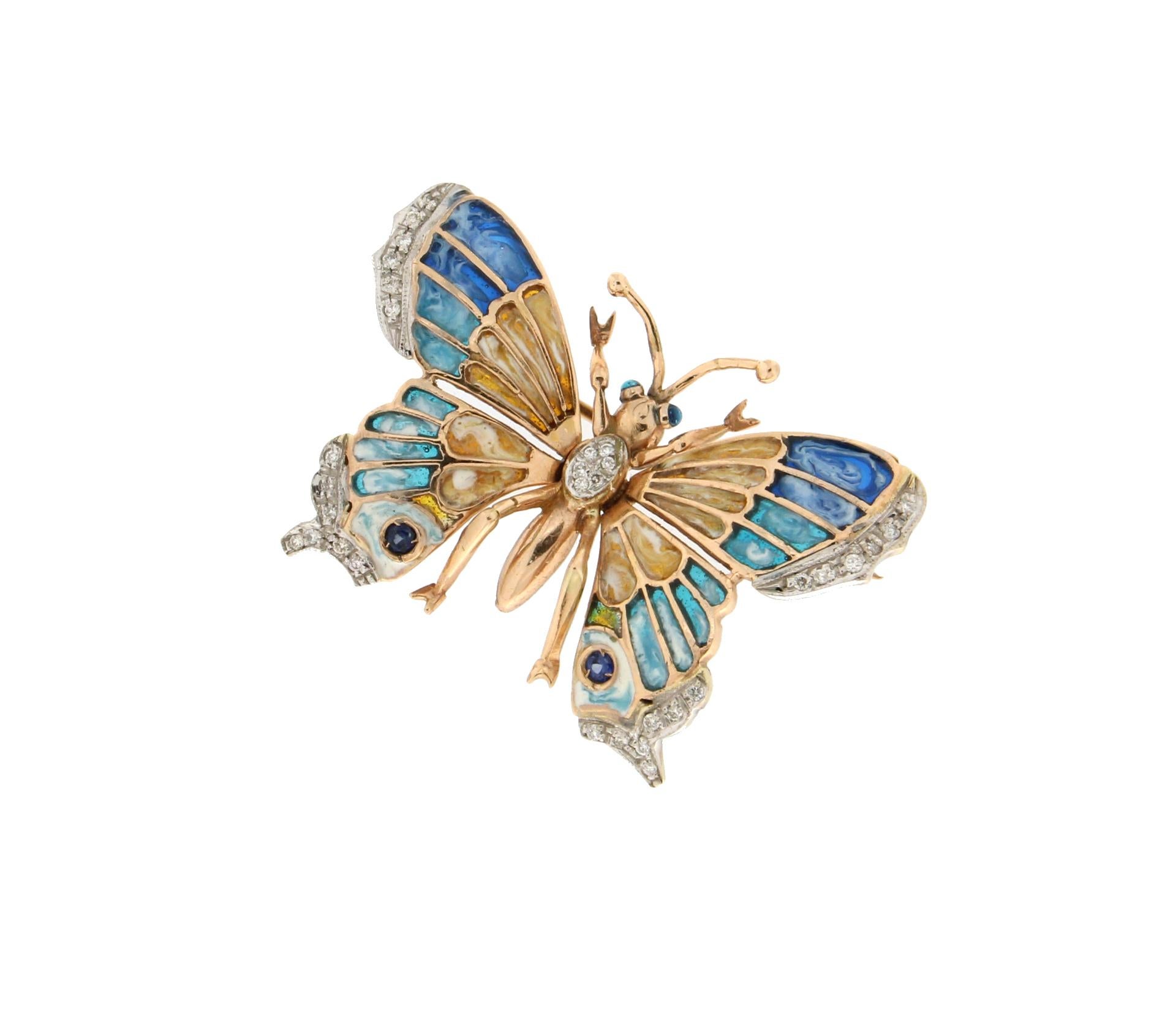 Artisan Handcraft Butterfly 14 Karat Yellow and White Gold Diamonds Enamel Brooch