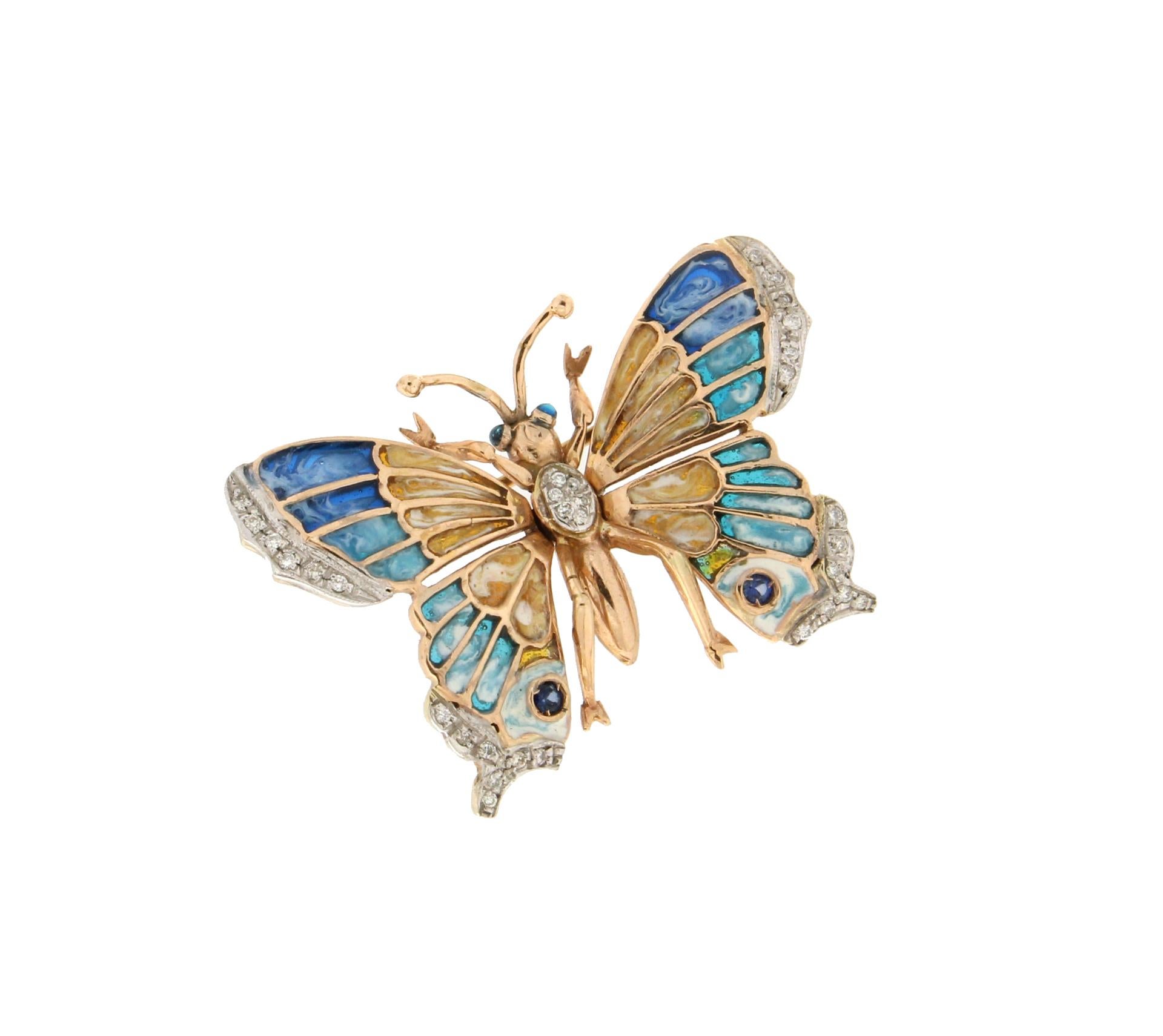 Brilliant Cut Handcraft Butterfly 14 Karat Yellow and White Gold Diamonds Enamel Brooch