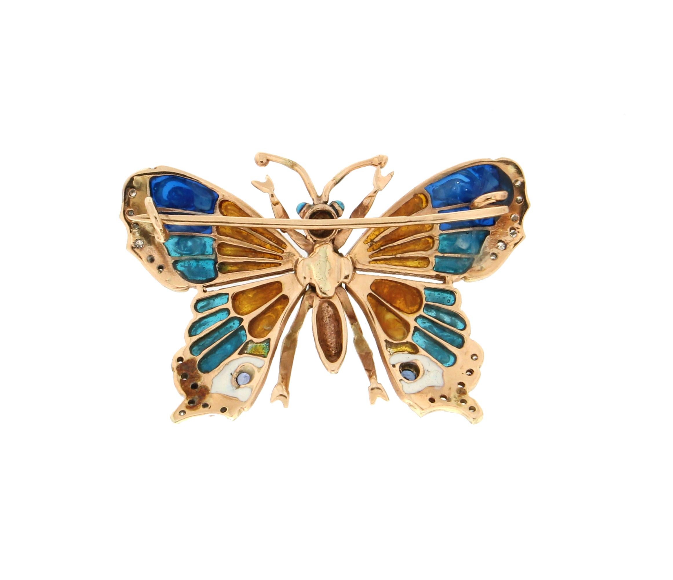 Handcraft Butterfly 14 Karat Yellow and White Gold Diamonds Enamel Brooch In New Condition In Marcianise, IT