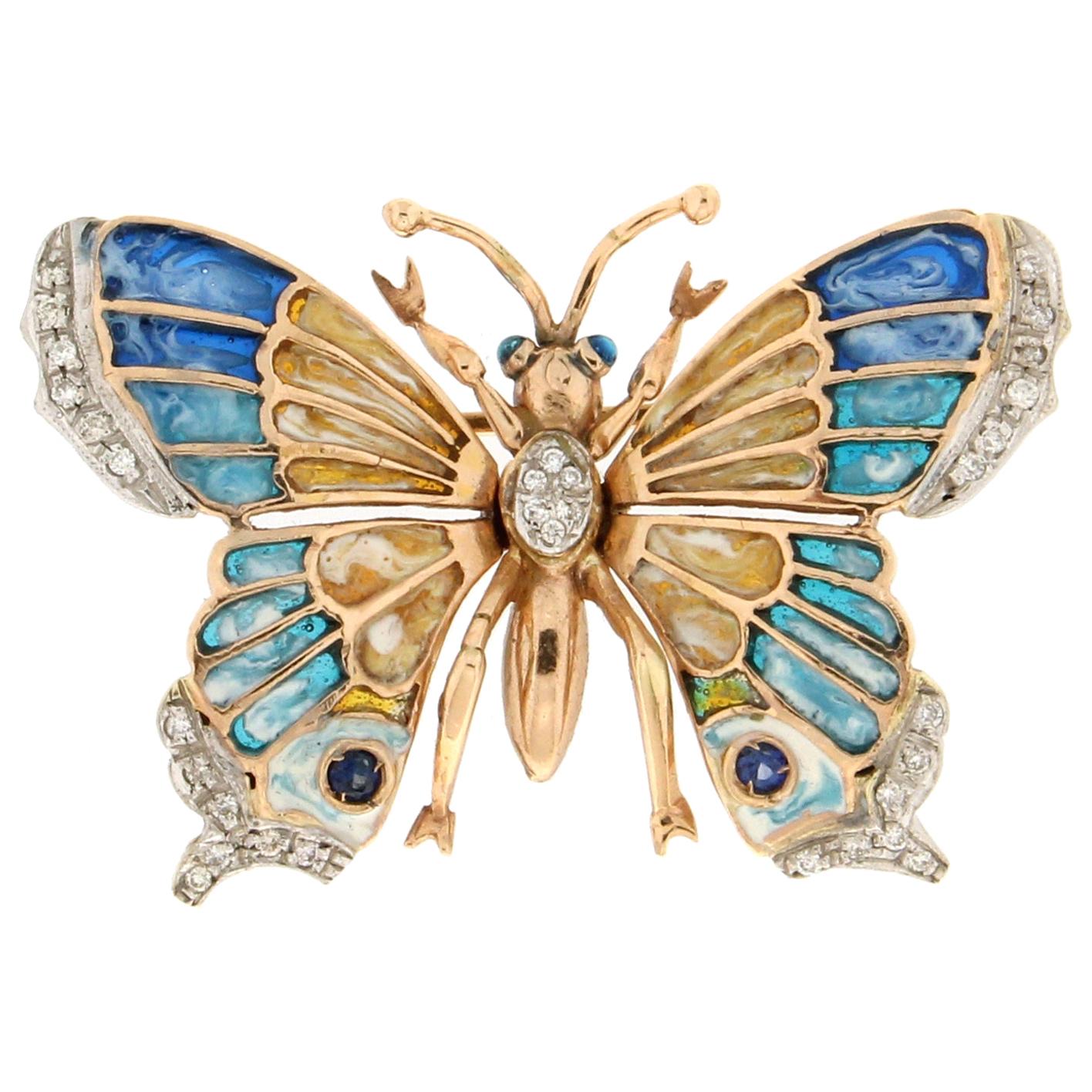 Handcraft Butterfly 14 Karat Yellow and White Gold Diamonds Enamel Brooch