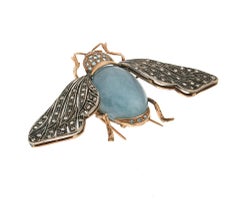 Handcraft Butterfly 14 Karat Yellow Gold Aquamarine Milk Ruby Diamonds Brooch