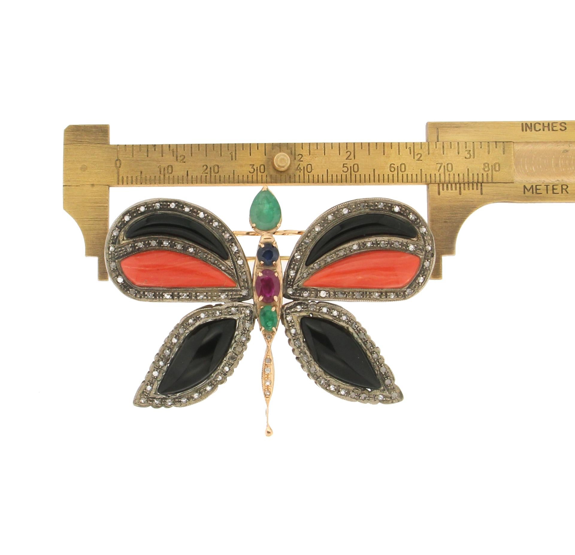 Handcraft Butterfly 14 Karat Yellow Gold Coral Emerald Onyx Diamonds Brooch For Sale 4