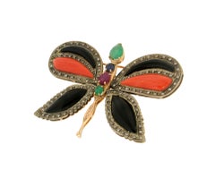 Handcraft Butterfly 14 Karat Yellow Gold Coral Emerald Onyx Diamonds Brooch