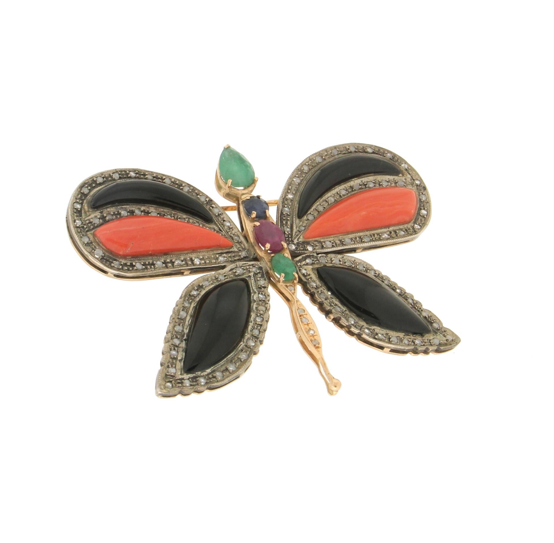 Artisan Handcraft Butterfly 14 Karat Yellow Gold Coral Emerald Onyx Diamonds Brooch For Sale