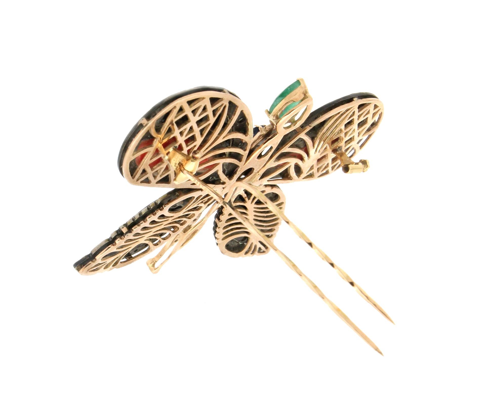 Women's or Men's Handcraft Butterfly 14 Karat Yellow Gold Coral Emerald Onyx Diamonds Brooch For Sale
