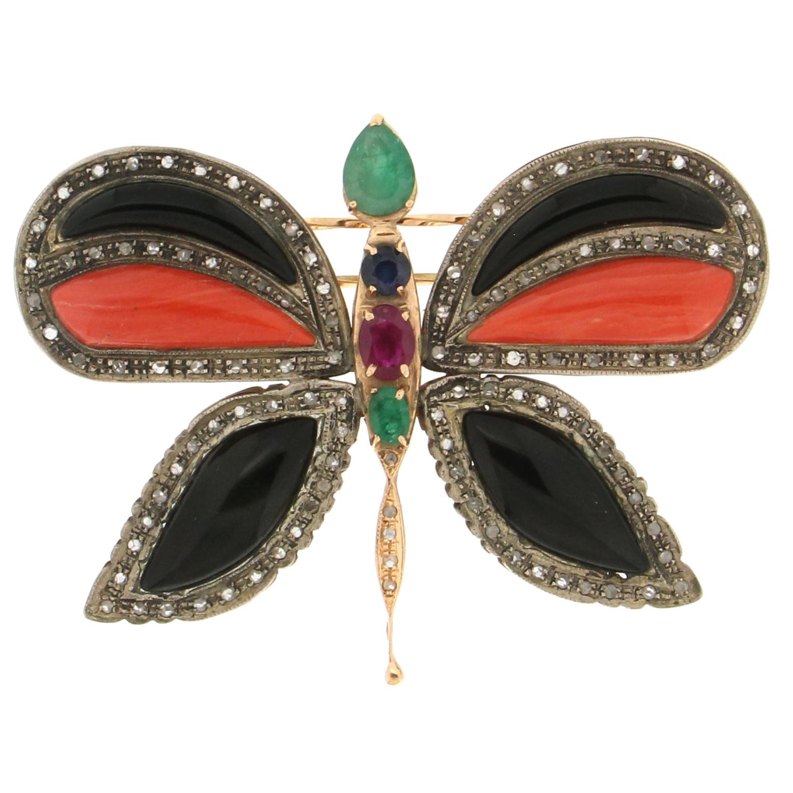 Handcraft Butterfly 14 Karat Yellow Gold Coral Emerald Onyx Diamonds Brooch For Sale