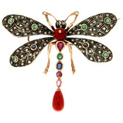Handcraft Butterfly 14 Karat Yellow Gold Coral Emerald Sapphires Diamonds Brooch