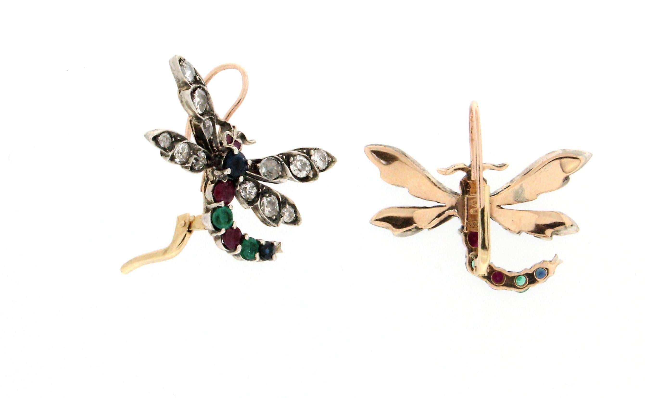 Artisan Handcraft Butterfly 14 Karat Yellow Gold Diamonds Drop Earrings For Sale