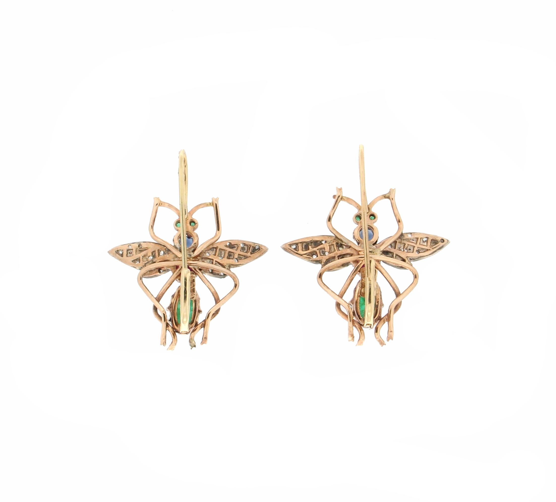 Rose Cut Handcraft Butterfly 14 Karat Yellow Gold Diamonds Drop Earrings For Sale