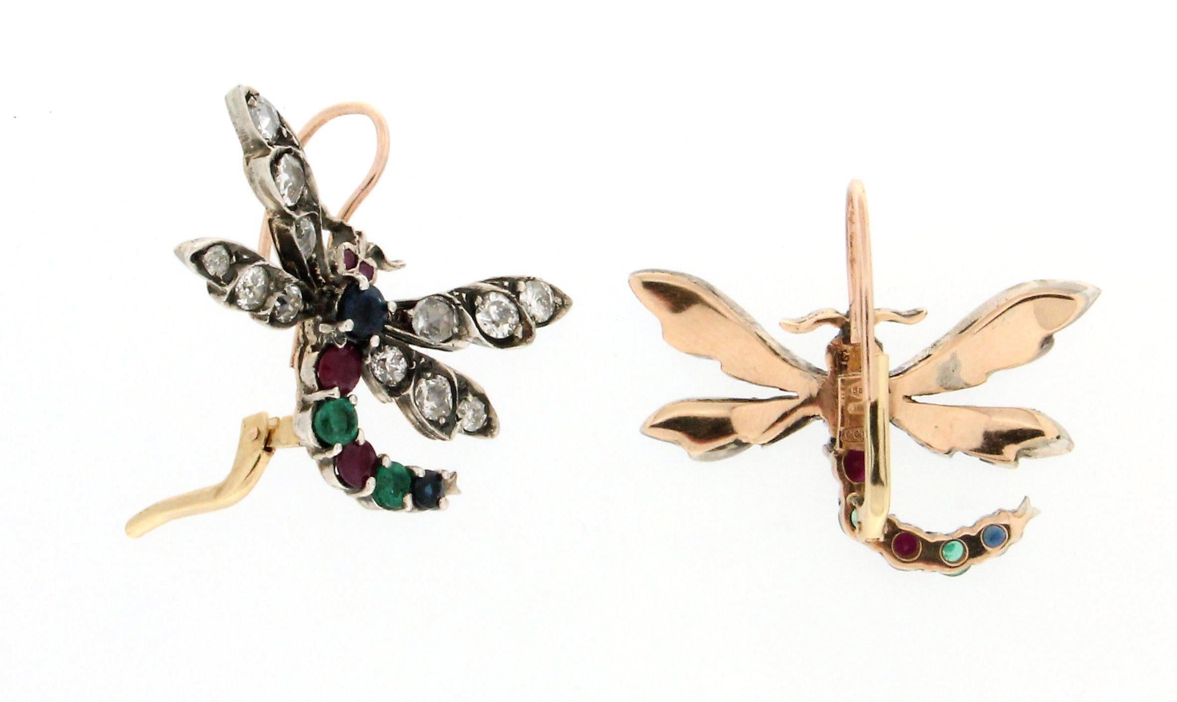 Brilliant Cut Handcraft Butterfly 14 Karat Yellow Gold Diamonds Drop Earrings For Sale