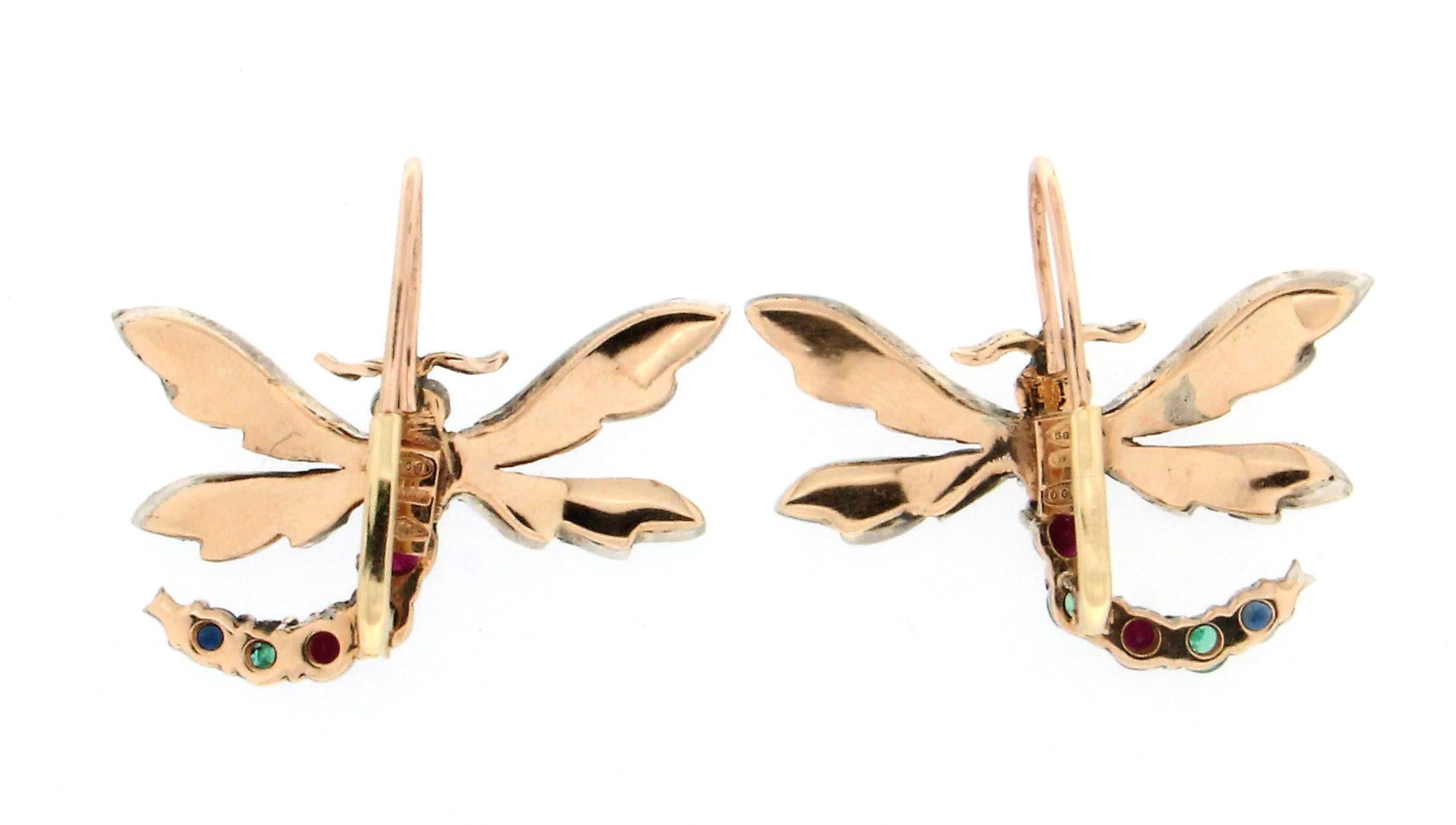 Handcraft Butterfly 14 Karat Yellow Gold Diamonds Drop Earrings In New Condition For Sale In Marcianise, IT