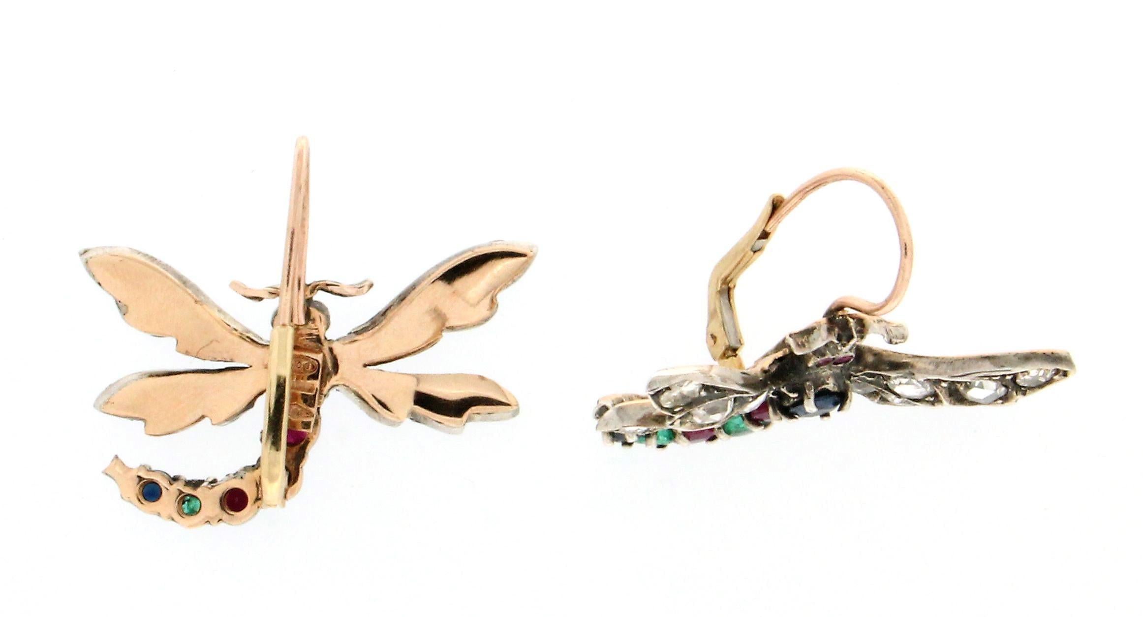 Women's or Men's Handcraft Butterfly 14 Karat Yellow Gold Diamonds Drop Earrings For Sale