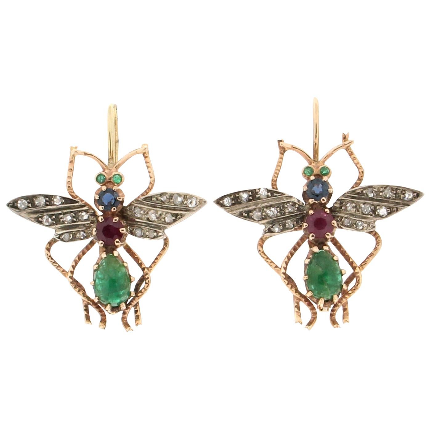 Handcraft Butterfly 14 Karat Yellow Gold Diamonds Drop Earrings For Sale