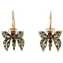 Handcraft Butterfly 14 Karat Yellow Gold Diamonds Drop Earrings