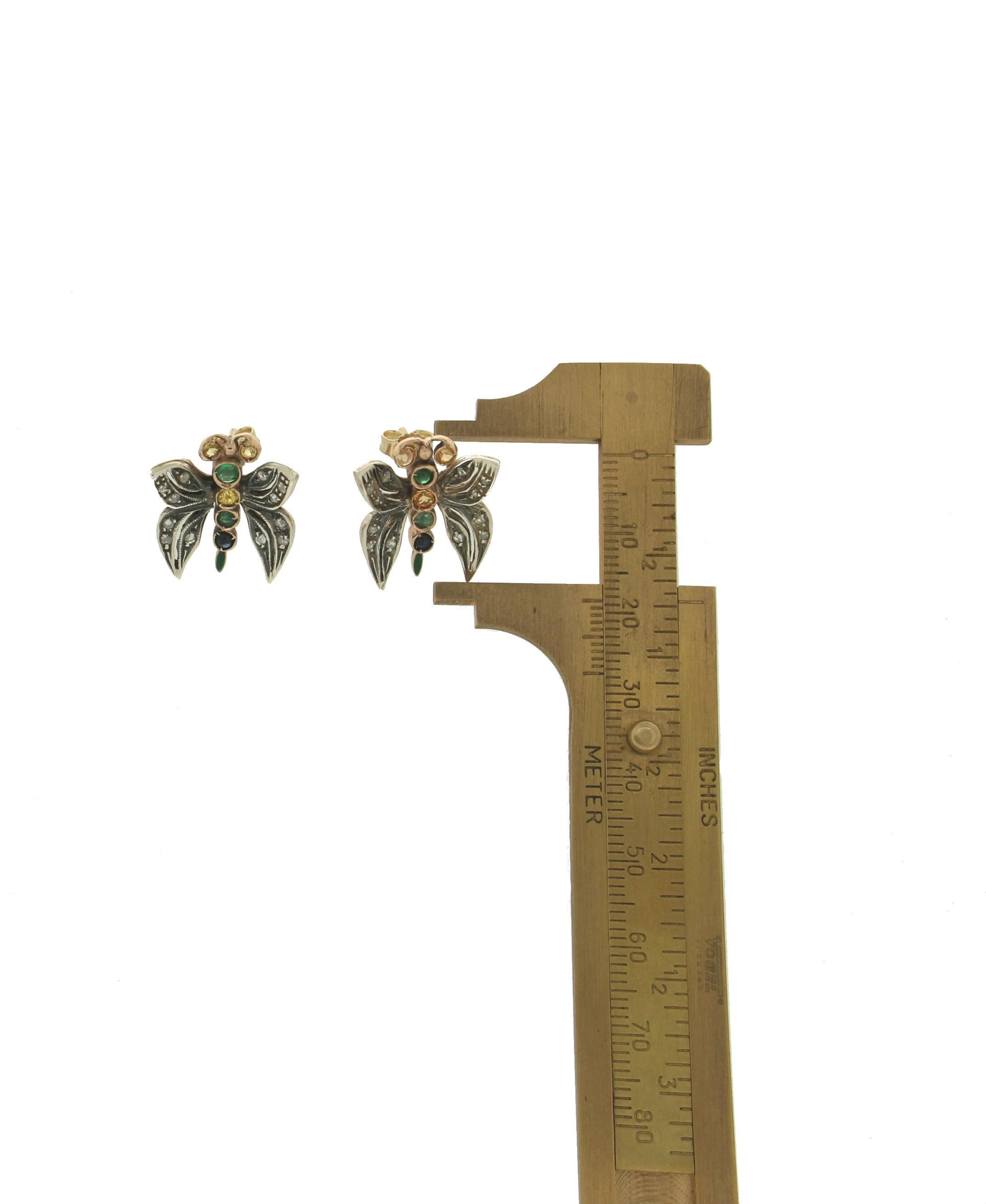 Handcraft Butterfly 14 Karat Yellow Gold Diamonds Emerald Sapphire Stud Earrings For Sale 2