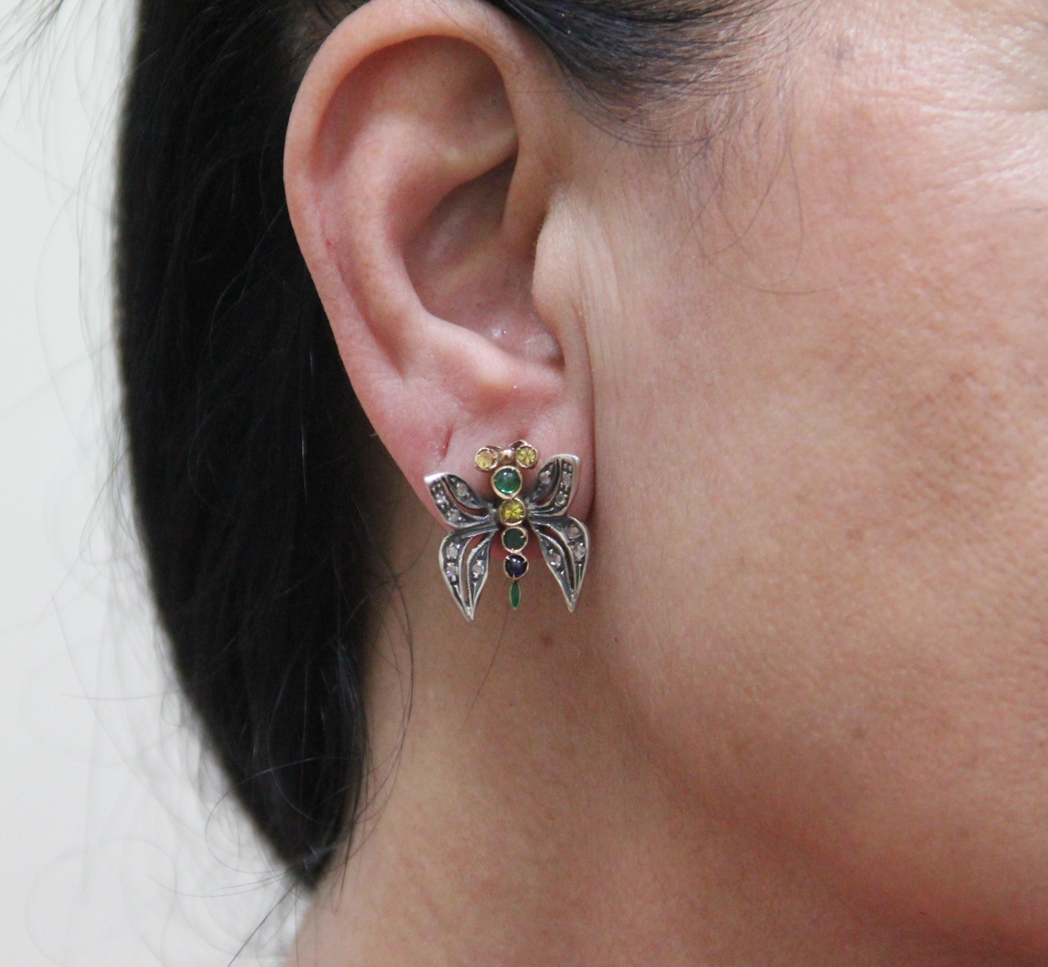 Handcraft Butterfly 14 Karat Yellow Gold Diamonds Emerald Sapphire Stud Earrings For Sale 4