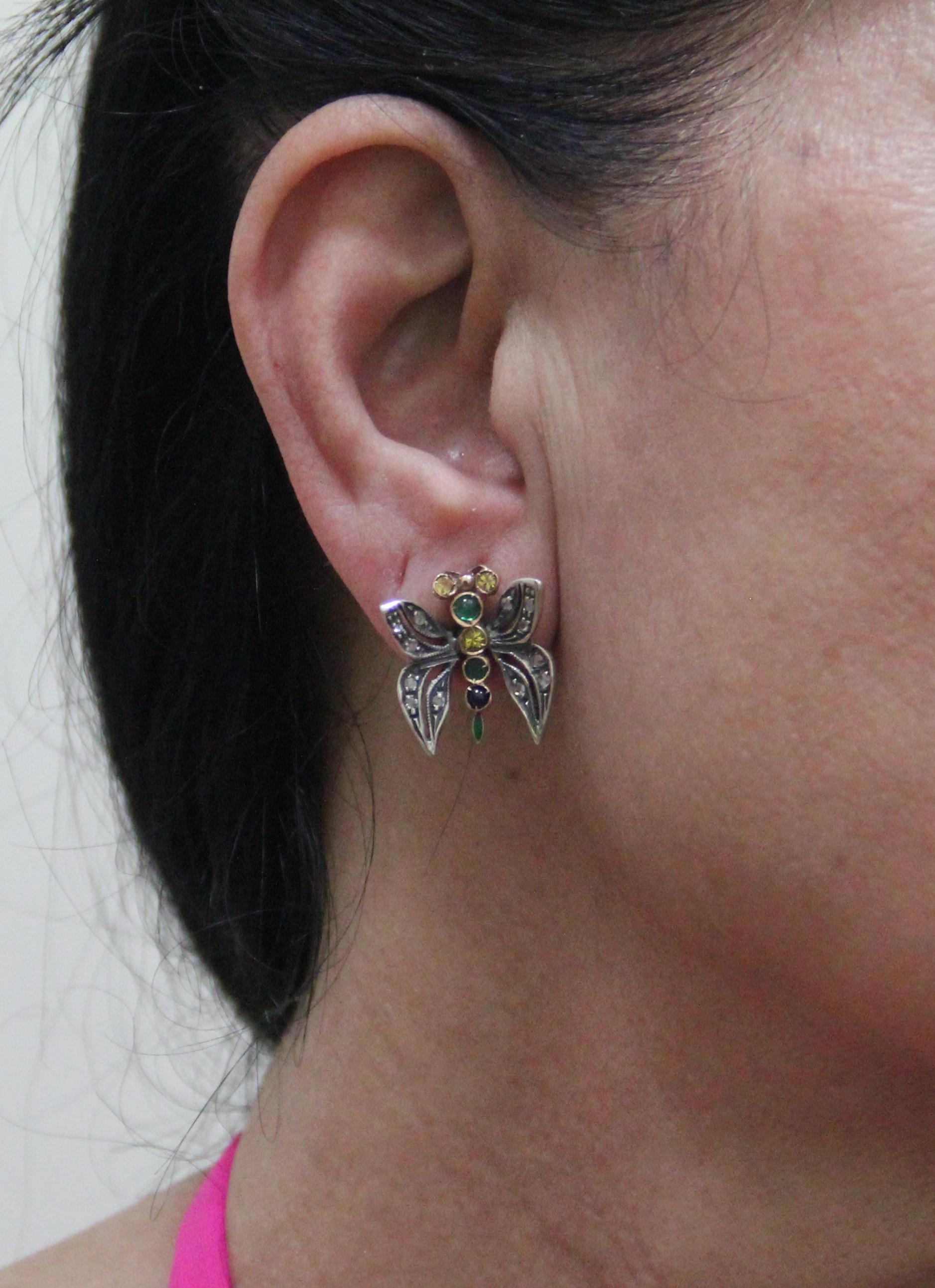 Handcraft Butterfly 14 Karat Yellow Gold Diamonds Emerald Sapphire Stud Earrings For Sale 6